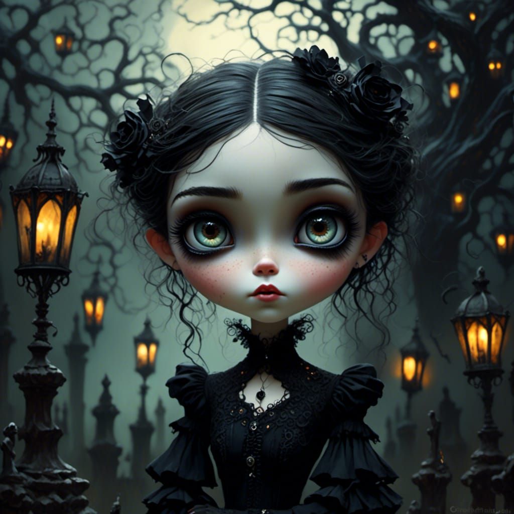 Elegant Gothic Girl in Cemetery by Tim Burton