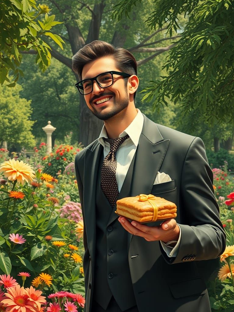 Stylish Man in Park with Art Deco Cake