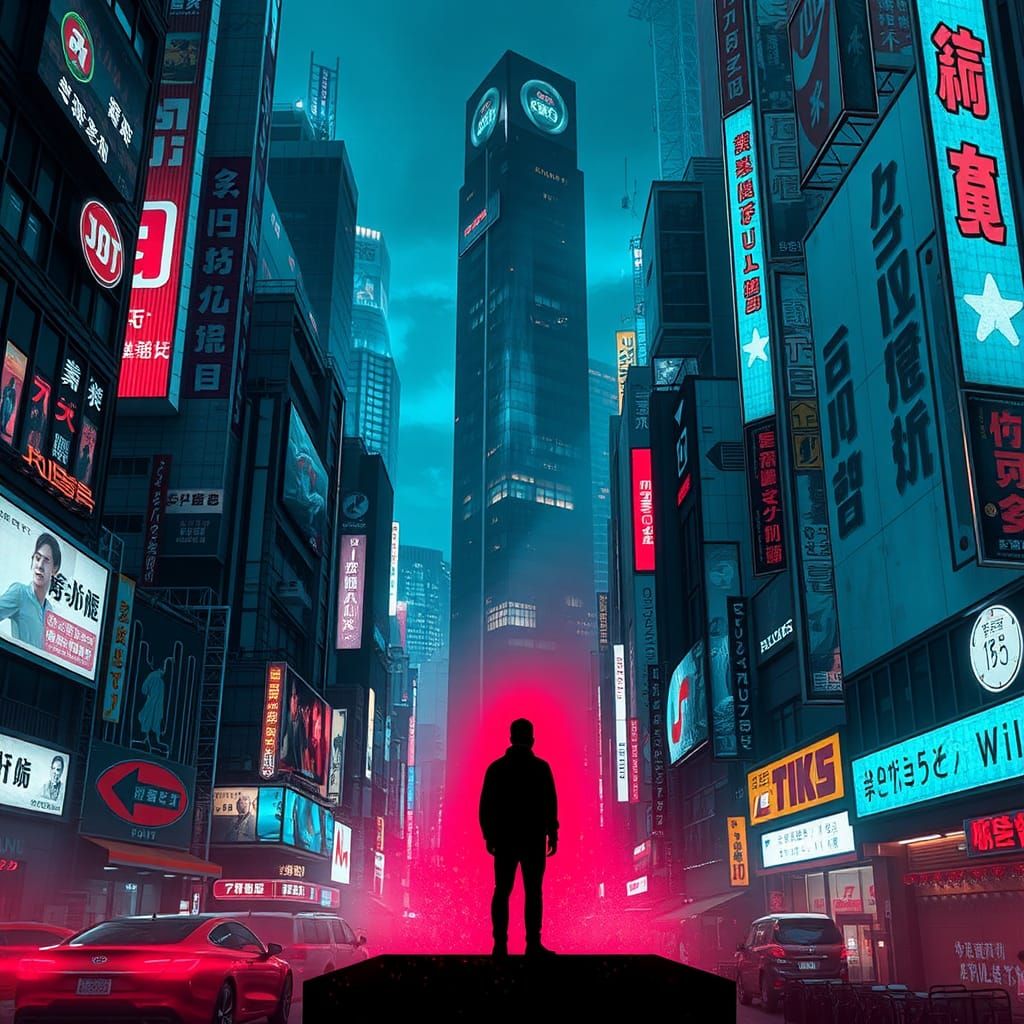 Neon Figure in Gritty Cyberpunk Tokyo Nightlife