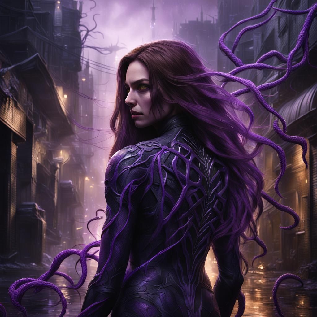 Woman with Purple Symbiote in Dark City Alley