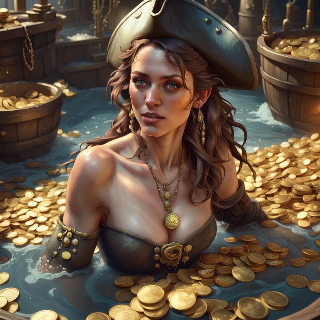 Pirate Lady Bathes in Gold Coins Portrait