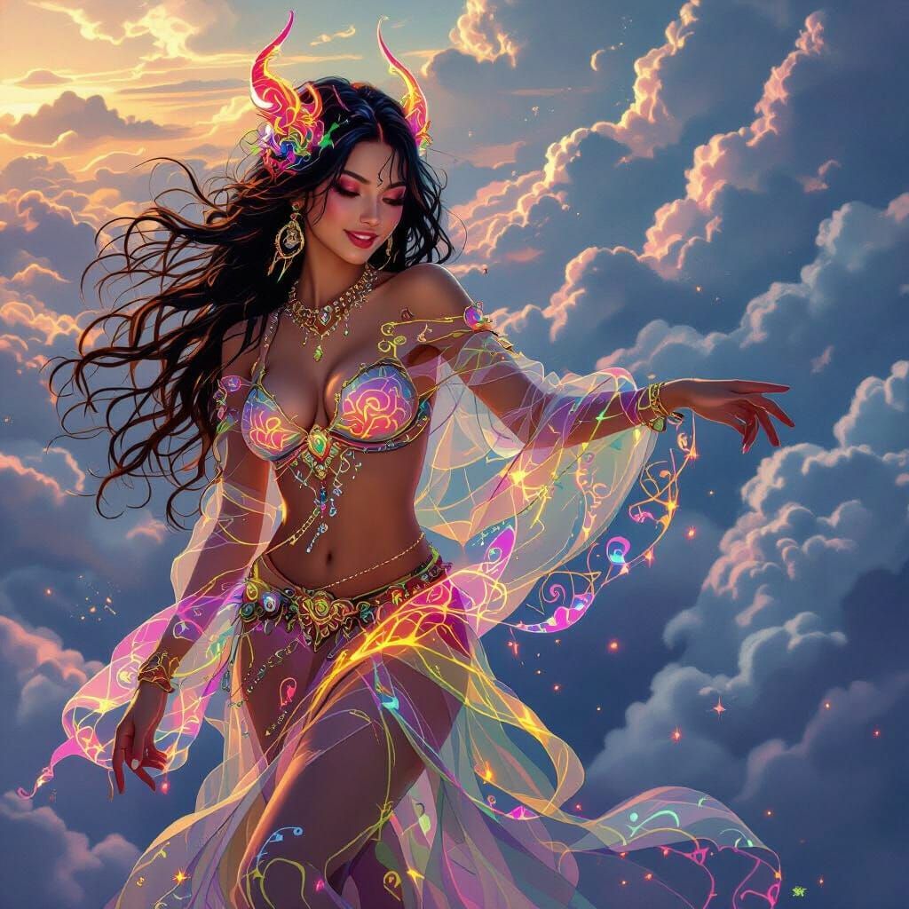 Ethereal Dancer in Flowing Neon Garments