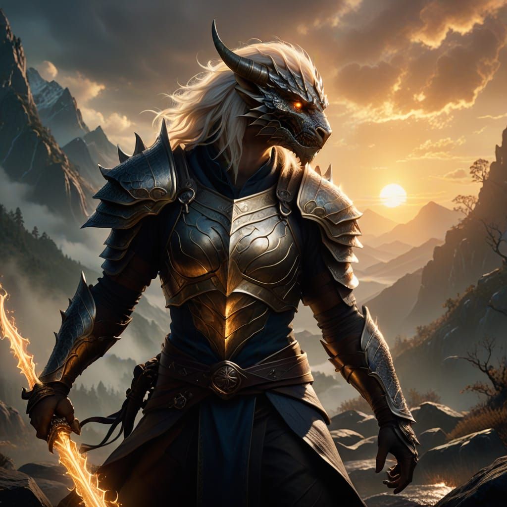 Epic Fantasy Dragonborn Hero in Mystical Landscape