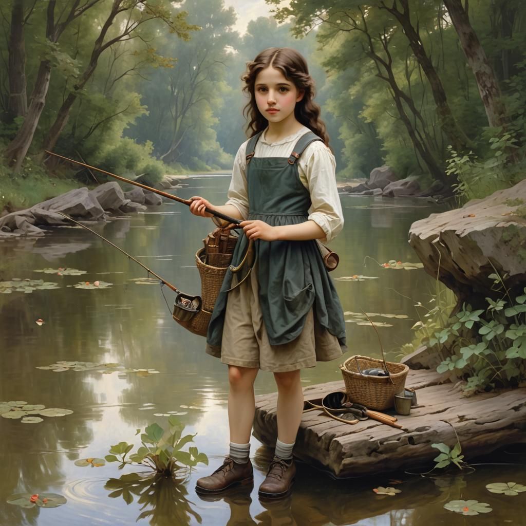 Girl Fishing for Boot: Academic Style Painting