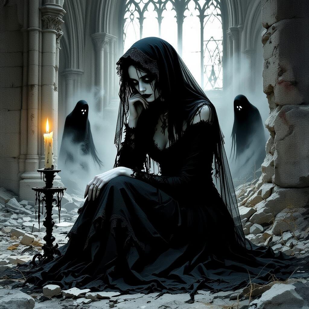 Melancholic Goth Woman in Dilapidated Cathedral
