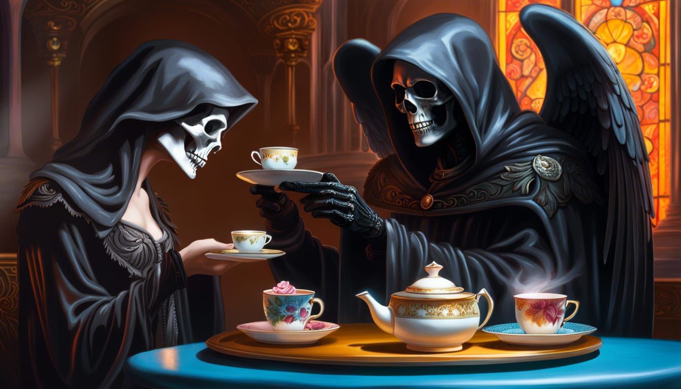 Grimreaper having tea with an angel body swap