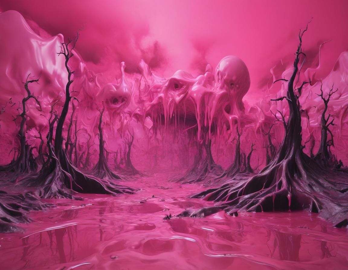 Surreal Nightmarish Landscape in Gloomy Pink Horror