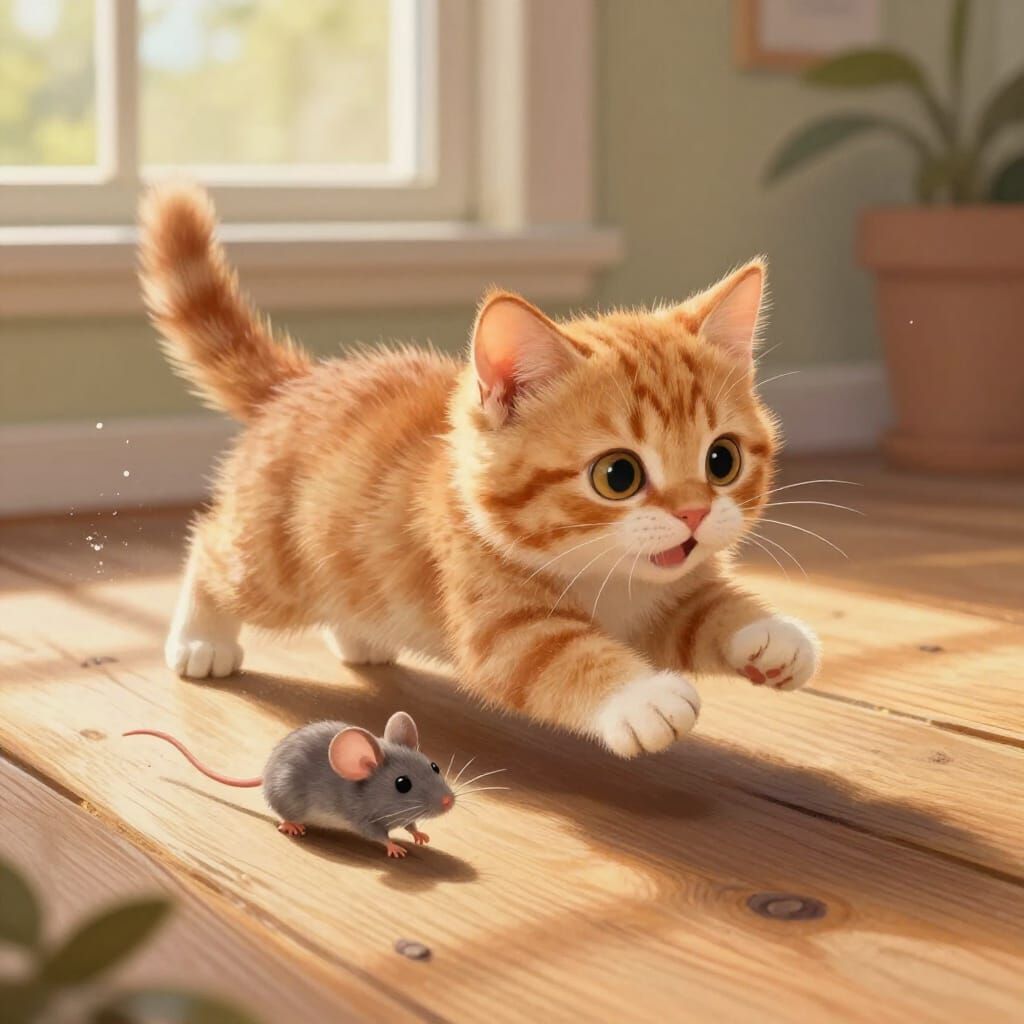 Fluffy Kitten Chases Mouse in Storybook Style