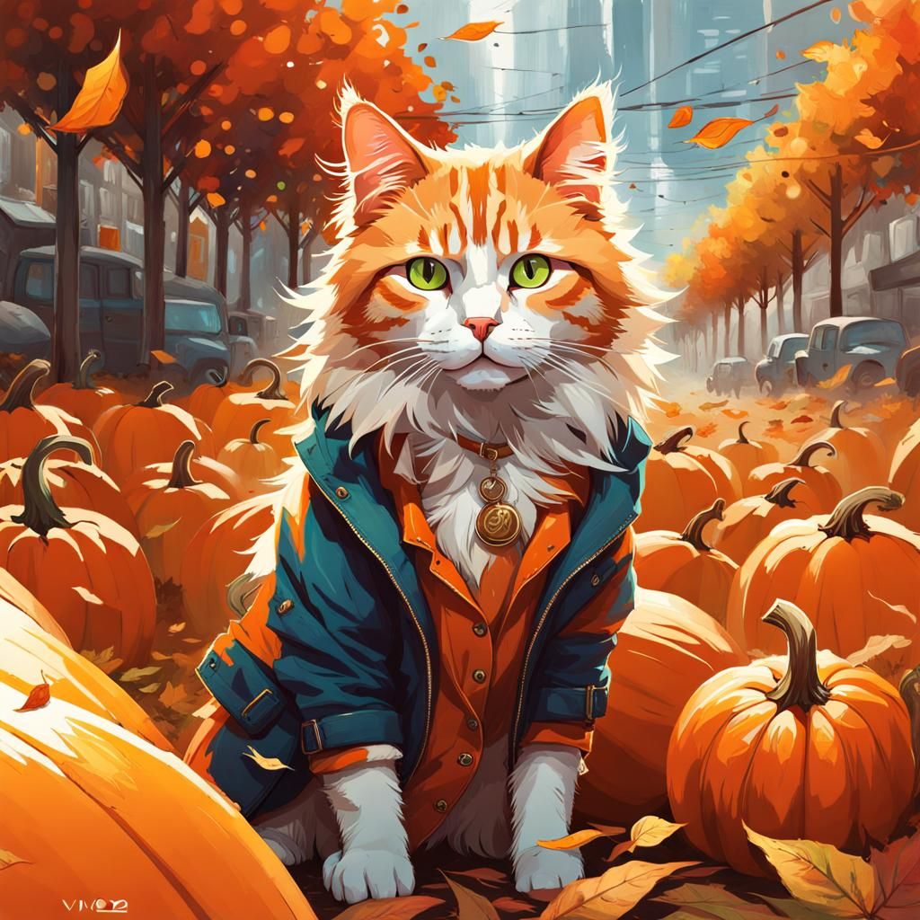 Orange Cat in Pumpkin Patch, Vivid Colors