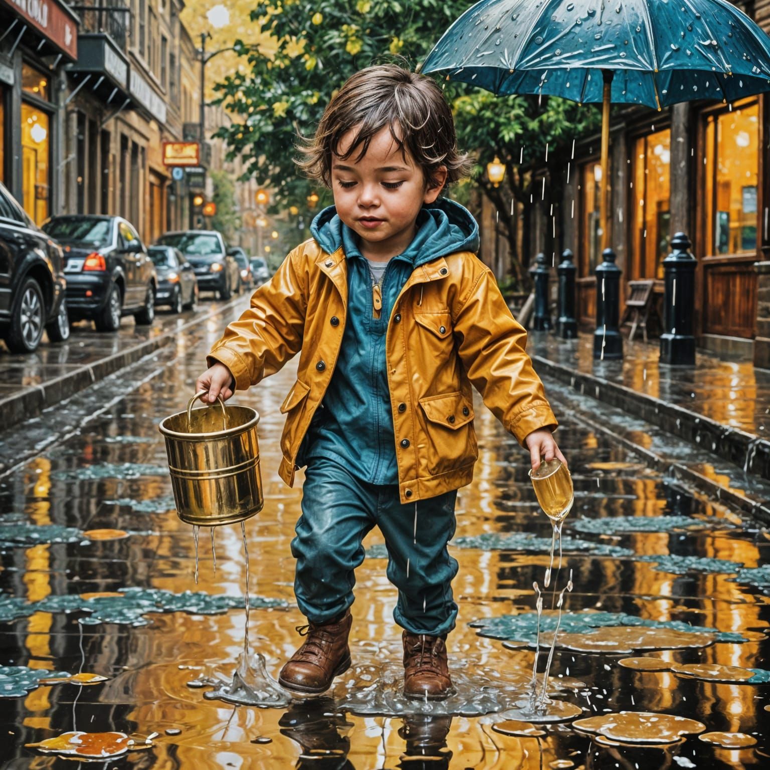 Child Splashing in Golden Rain: Impasto Acrylic Art