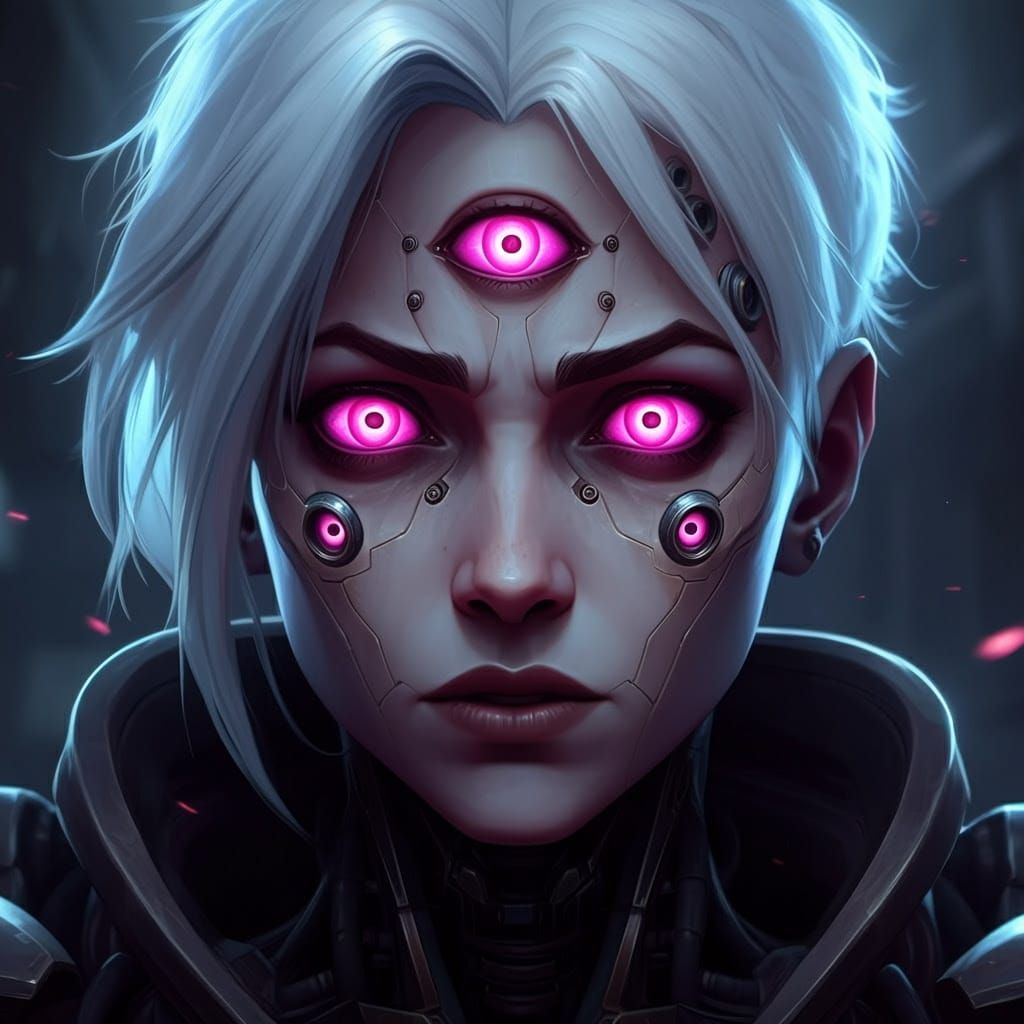 Cyborg Woman with Glowing Eyes in Sleek Anime Style