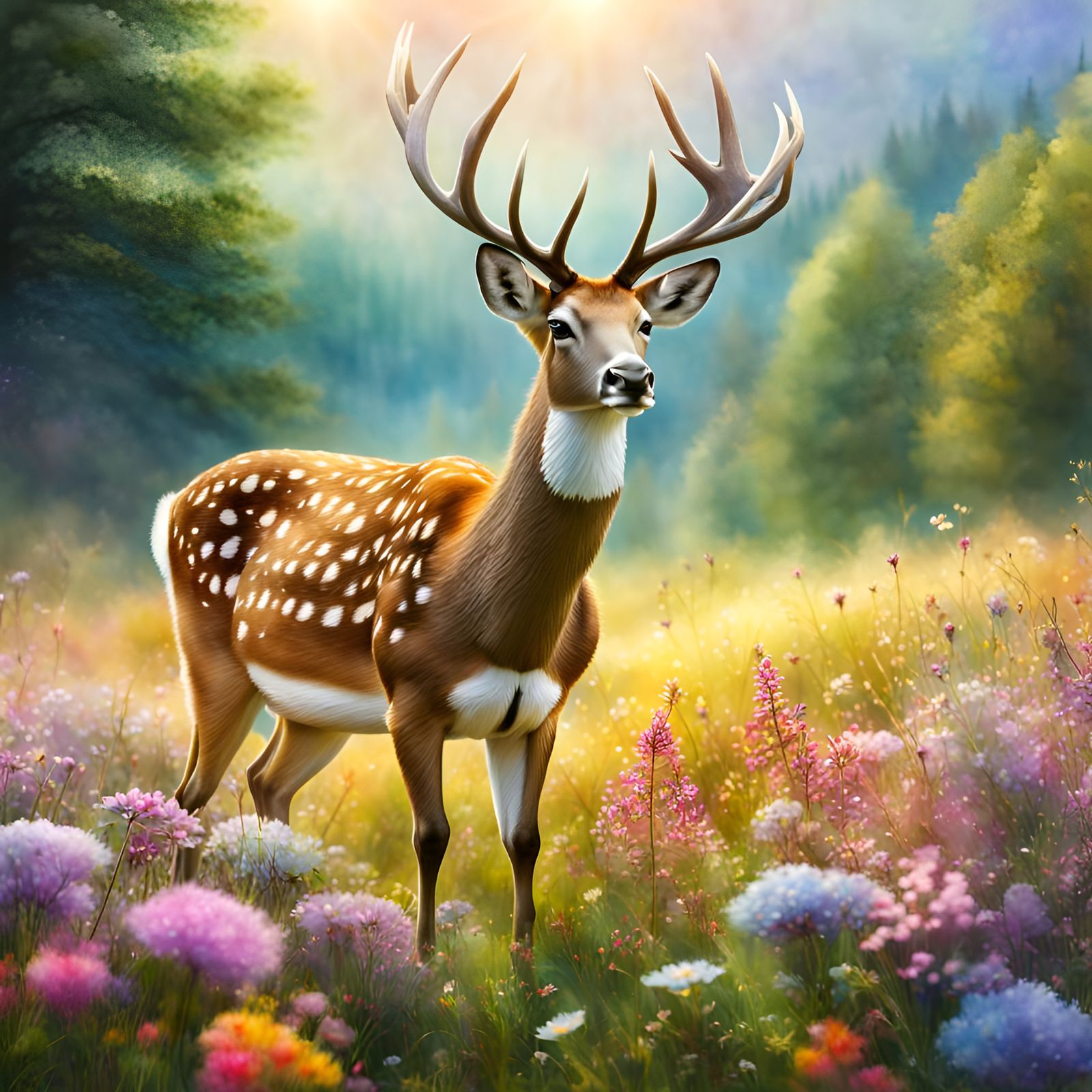 Fallow Deer in Flower Meadow Watercolor Illustration