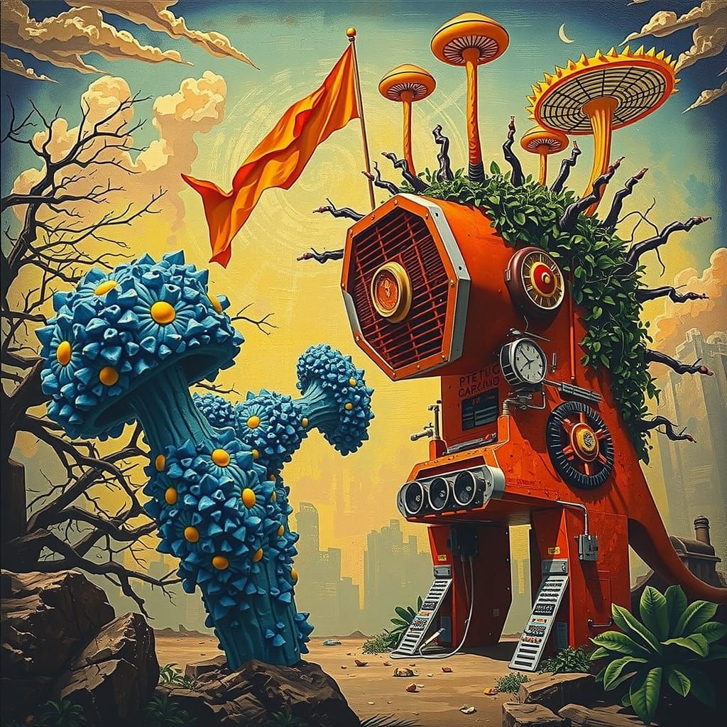 Surreal Mushroom Computer in Hyperreal Black and White