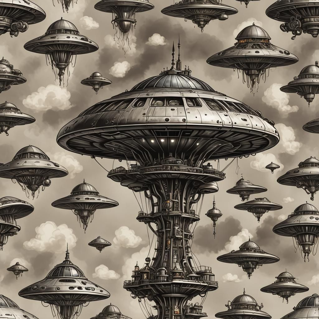 Steampunk Alien Descends Mushroom UFO