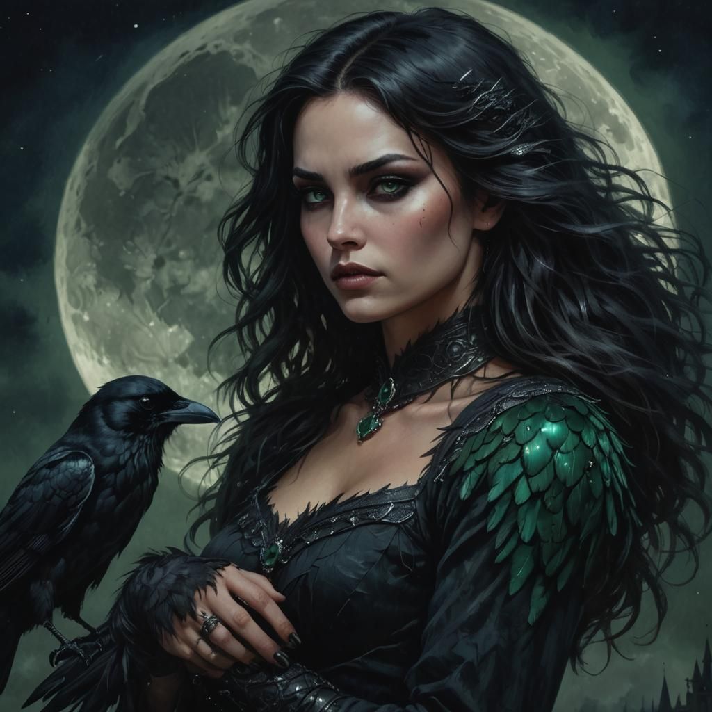 Enchanting Woman with Raven: Dark Fantasy Art