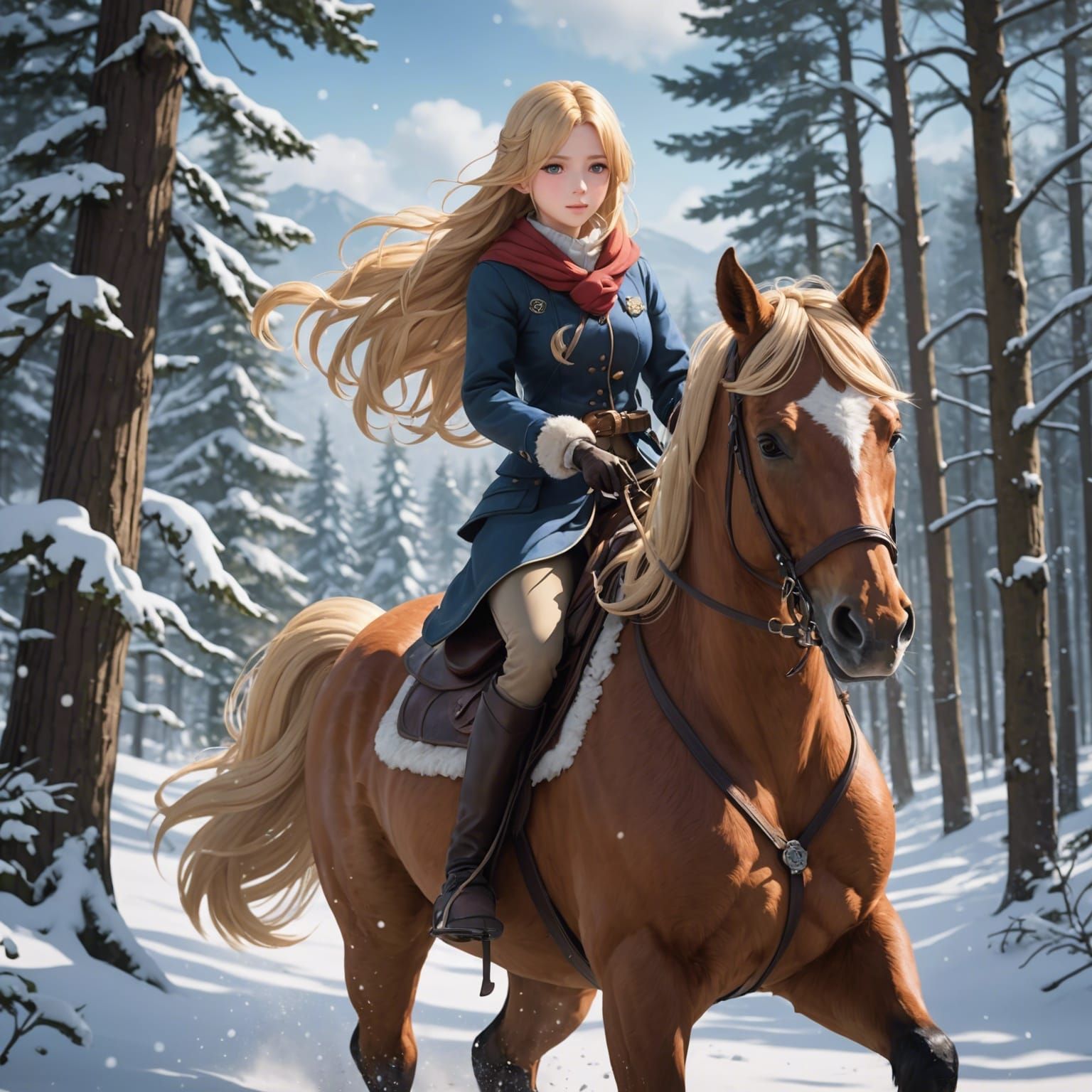 Anime Girl on Horseback in Snowy Forest
