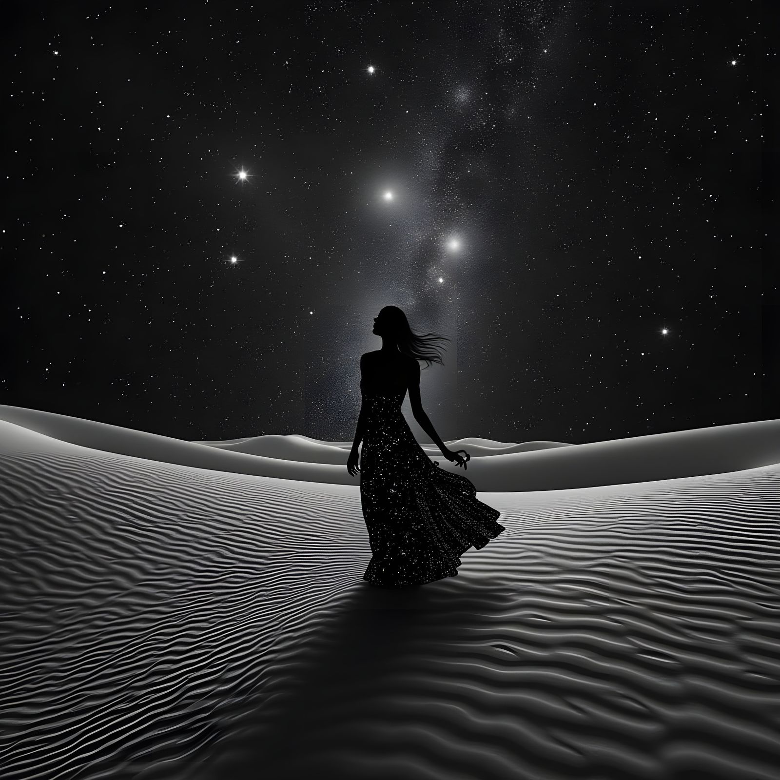 Cosmic Goddess Bestows Life on Earth Amidst Starry Desert