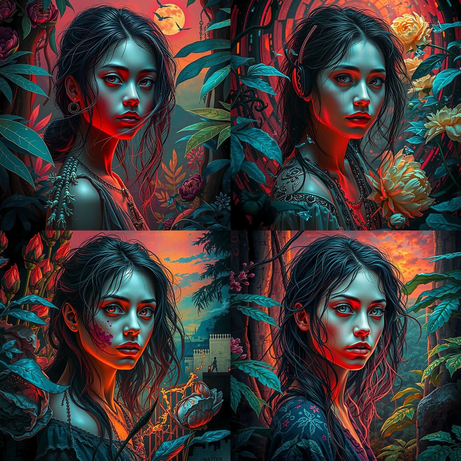 Glitched Peonies in Dark Dreamscape Portrait