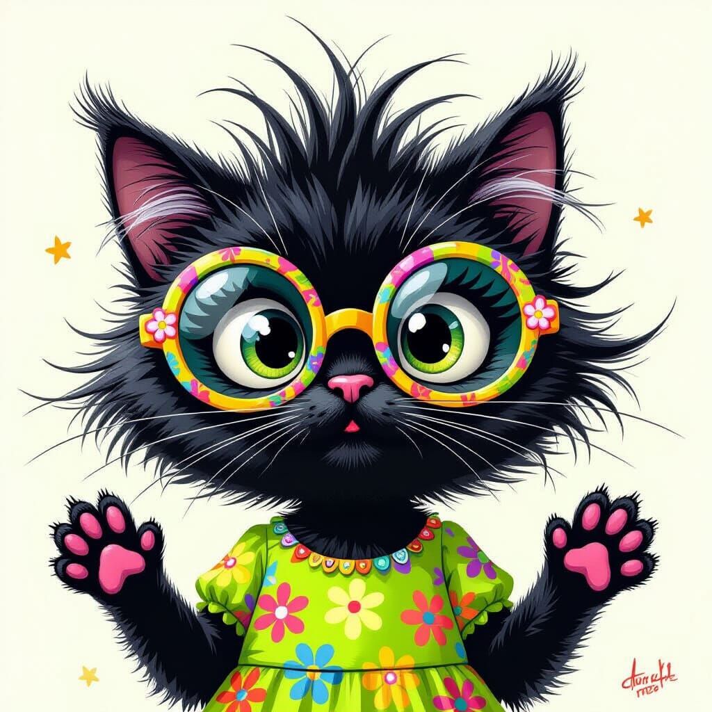 A cartoon cat with exaggerated wildly styled, and spiky blac...