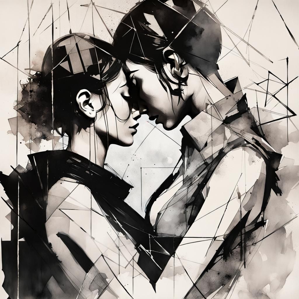 Lesbian Couple with Kitten in Modern Ink Art