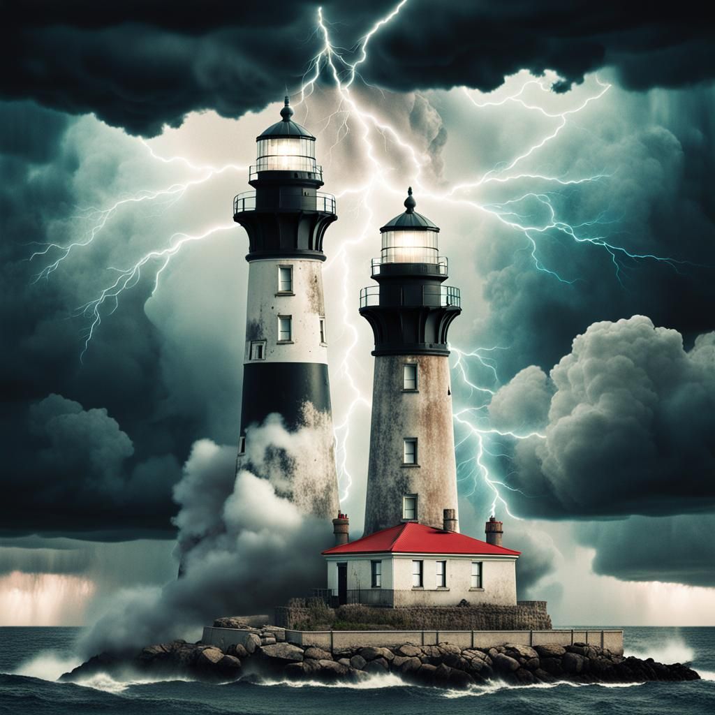 Lighthouse Double Exposure with Lightning and Vintage Style