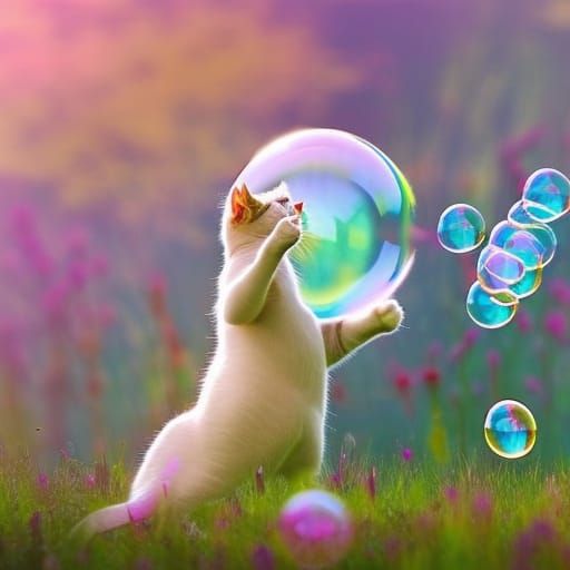 Sleek Cat Reaching for Glowing Bubble in Garden
