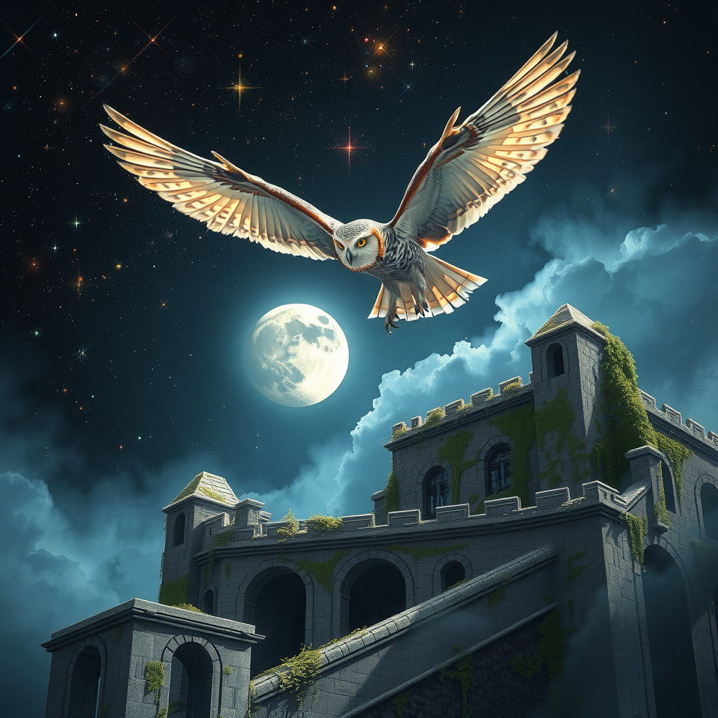 Owl Soaring Over Castle Ruins in Watercolor Style