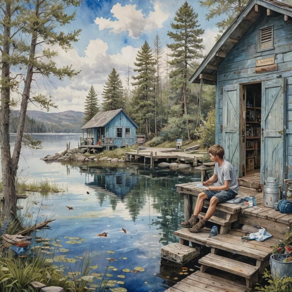Lakeside Fishing Cabin in Alcohol Ink Style