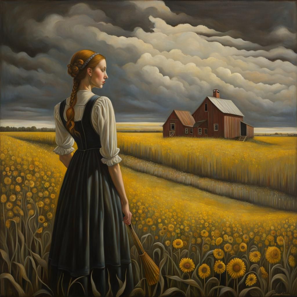 Eerie Figures in Barren Landscape, Folk Art Style