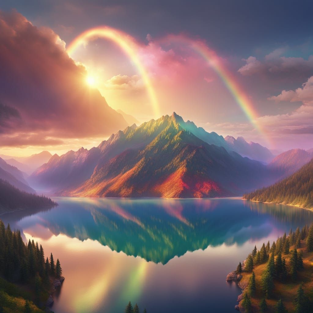 Rainbow Over Mountain Lake in Golden Hour Light