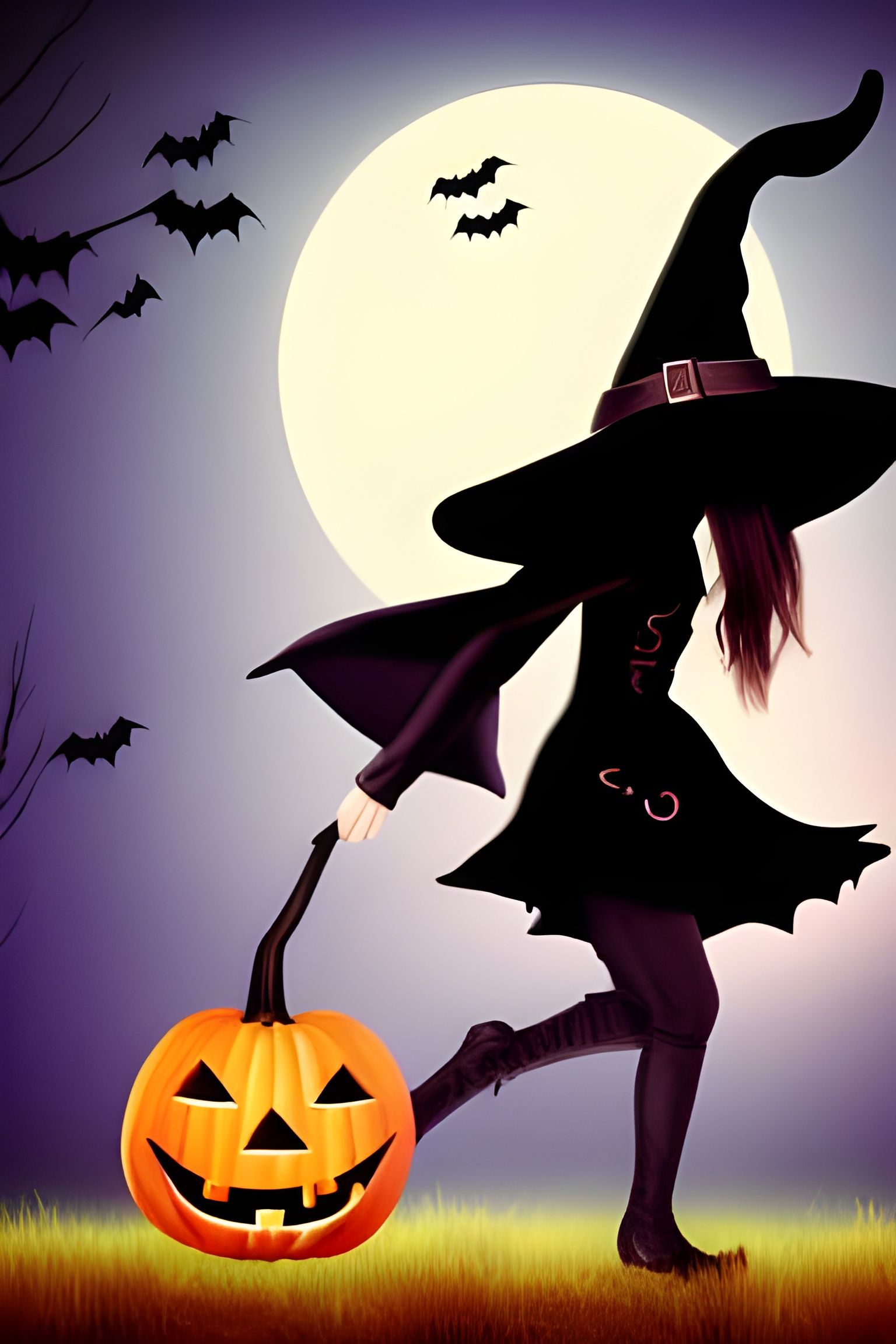 Halloween Witch Rides Broomstick with Black Cat