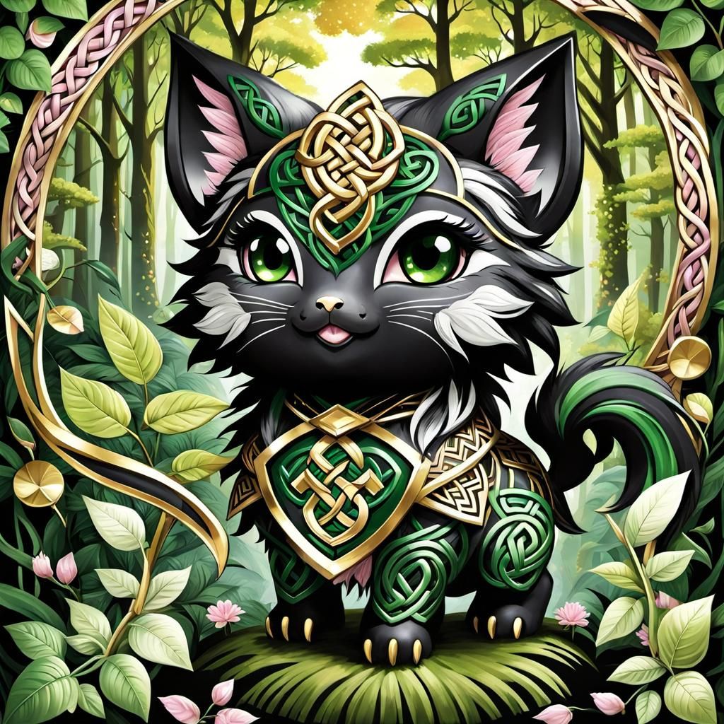 Chibi Púca with Celtic Symbols in Anime Style