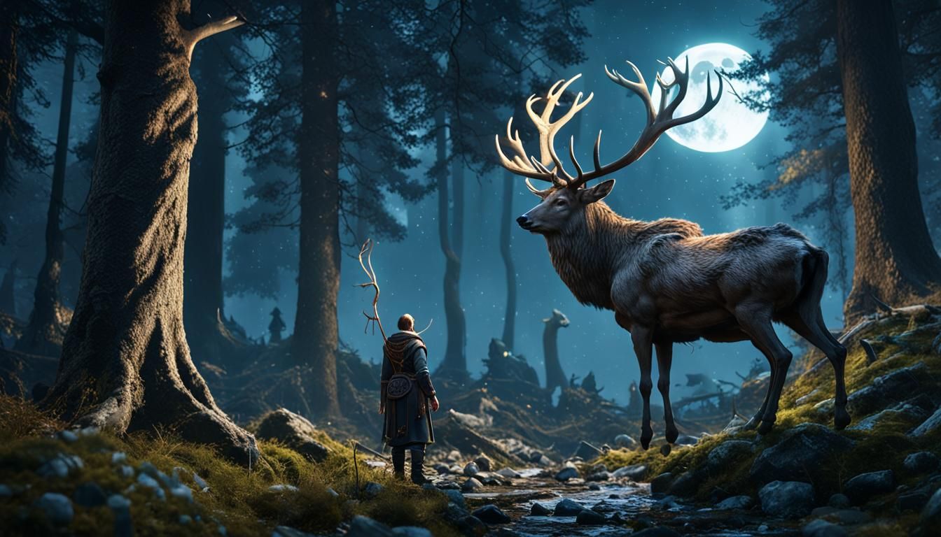 Celtic Priestess and Winged Stag in Moonlit Forest