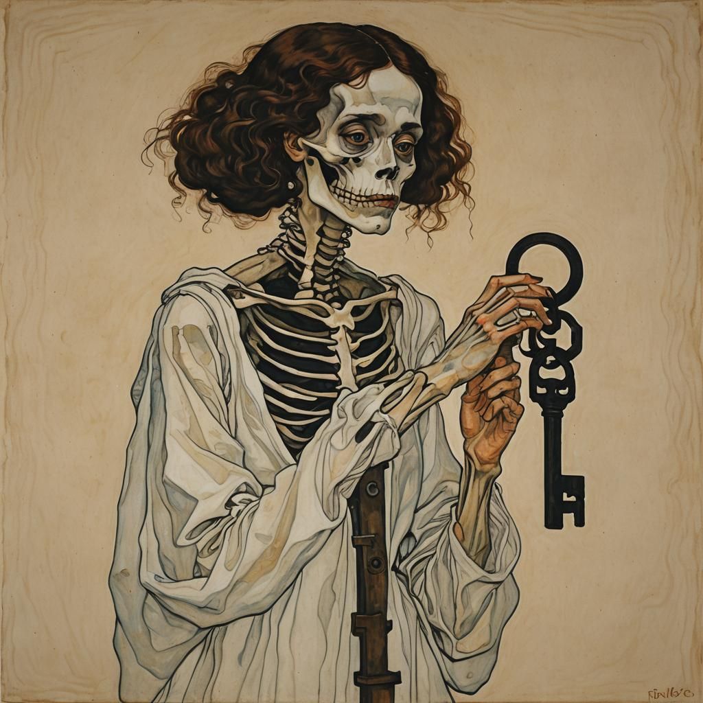 Woman with Skeleton Key: Gouache Art Nouveau Painting