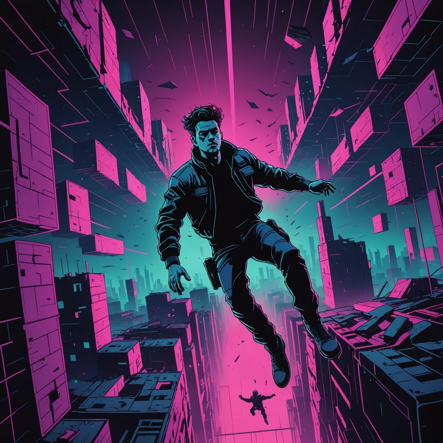 Man Falling in Abyssal Void with Neon Retro Style