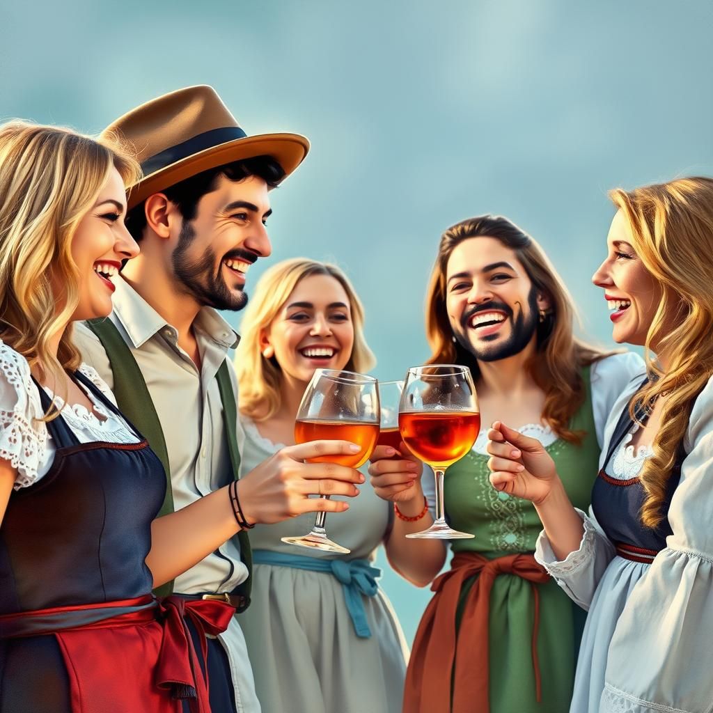 Ein Aquarell-Bild, das fröhliche Gruppen von Freunden in tra...