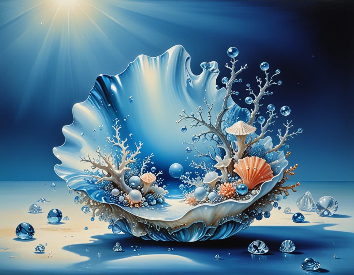 Coral Garden in Tourmaline Seashell, Surrealist Oil Painting
