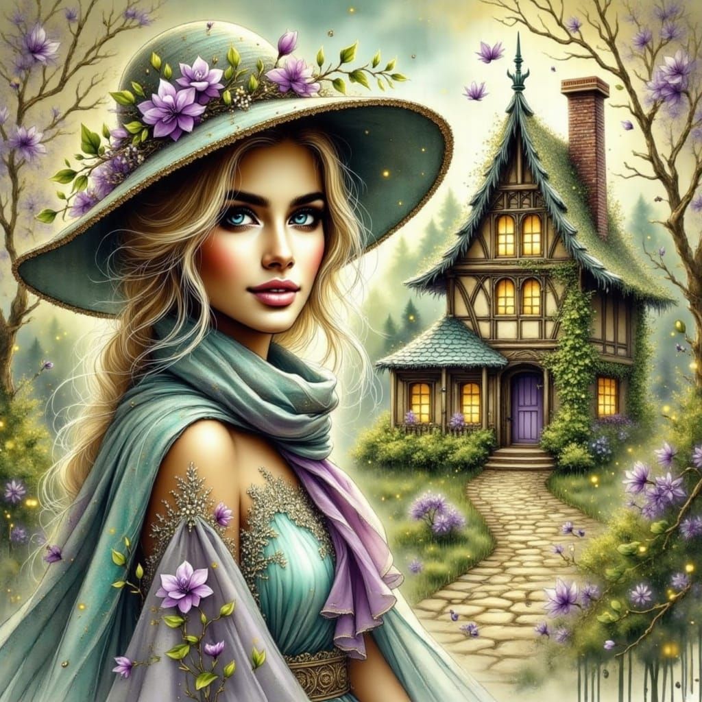 Whimsical Woman in Floral Cloak, Inspired by Beatrix Potter