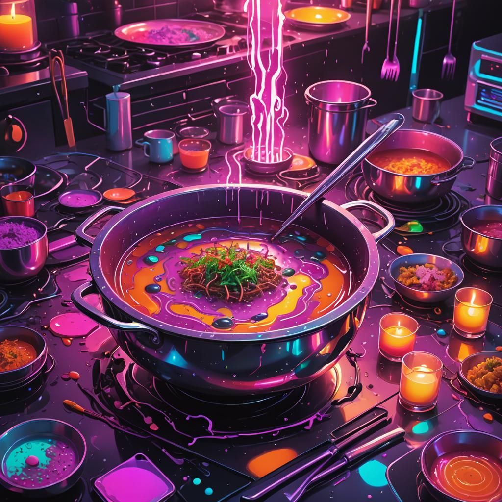 Sentient Rotten Soup Bowl in Synthwave Neon Style