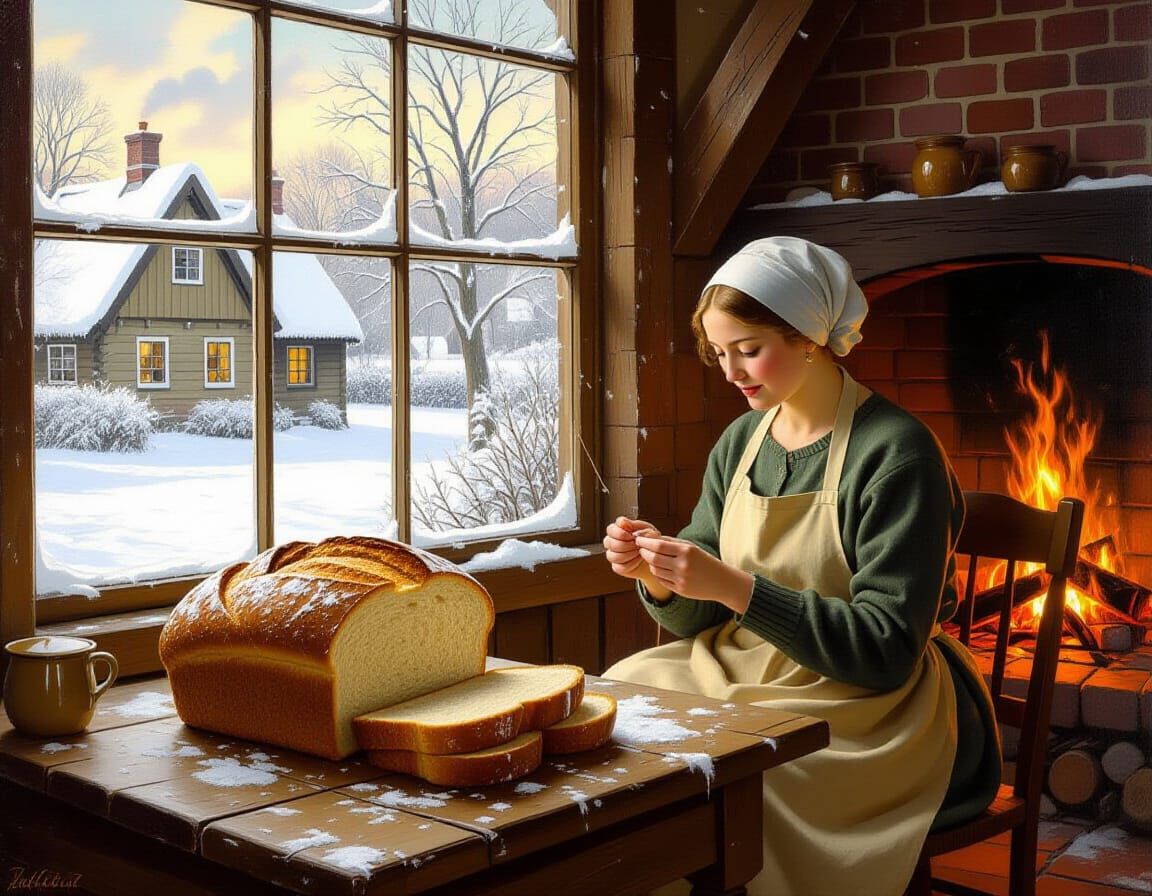 Golden Bread Loaf in Cozy Cottage Oil Painting