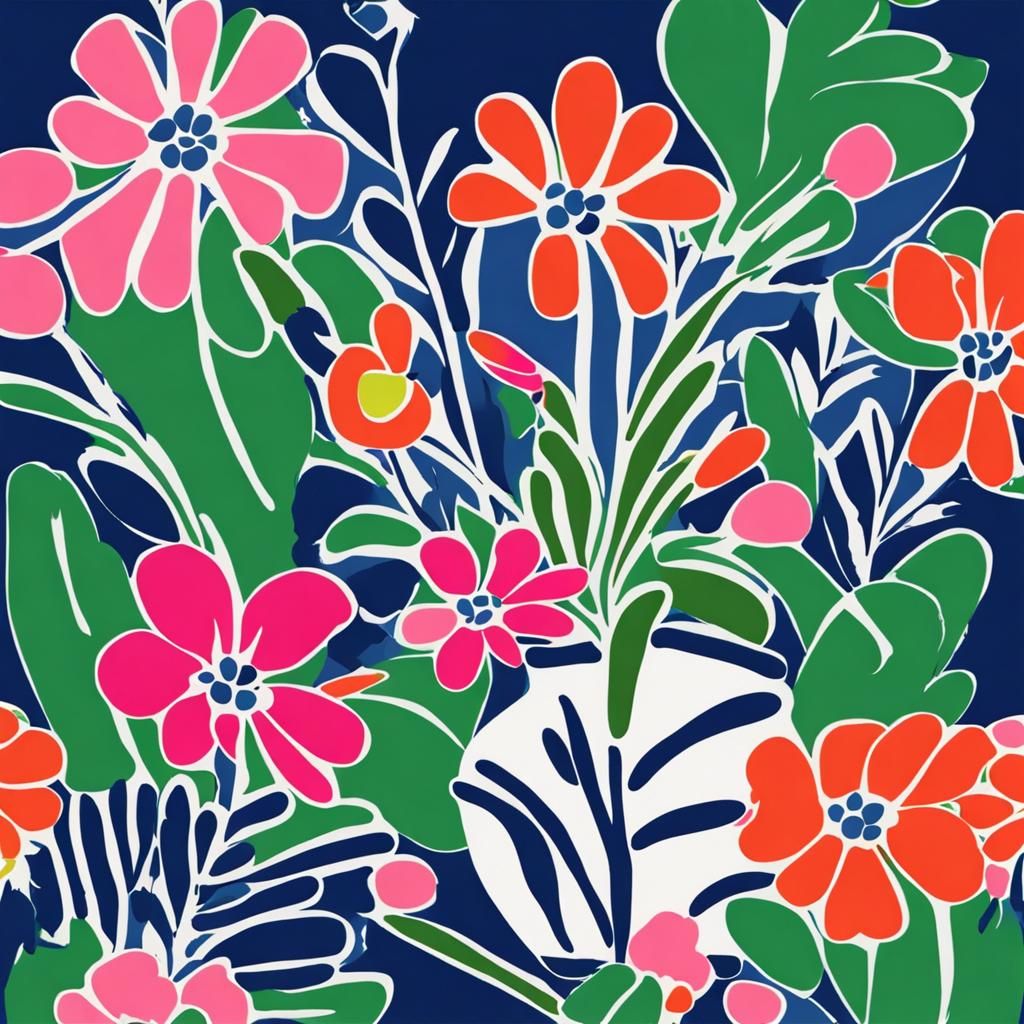 Matisse Style Flowers in Dark Blue, Green, Pink