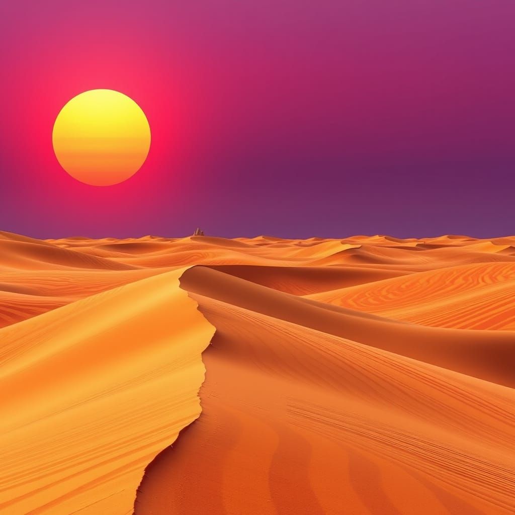 Twin Suns Set Over Striped Desert Landscape in Hyper-Realist...