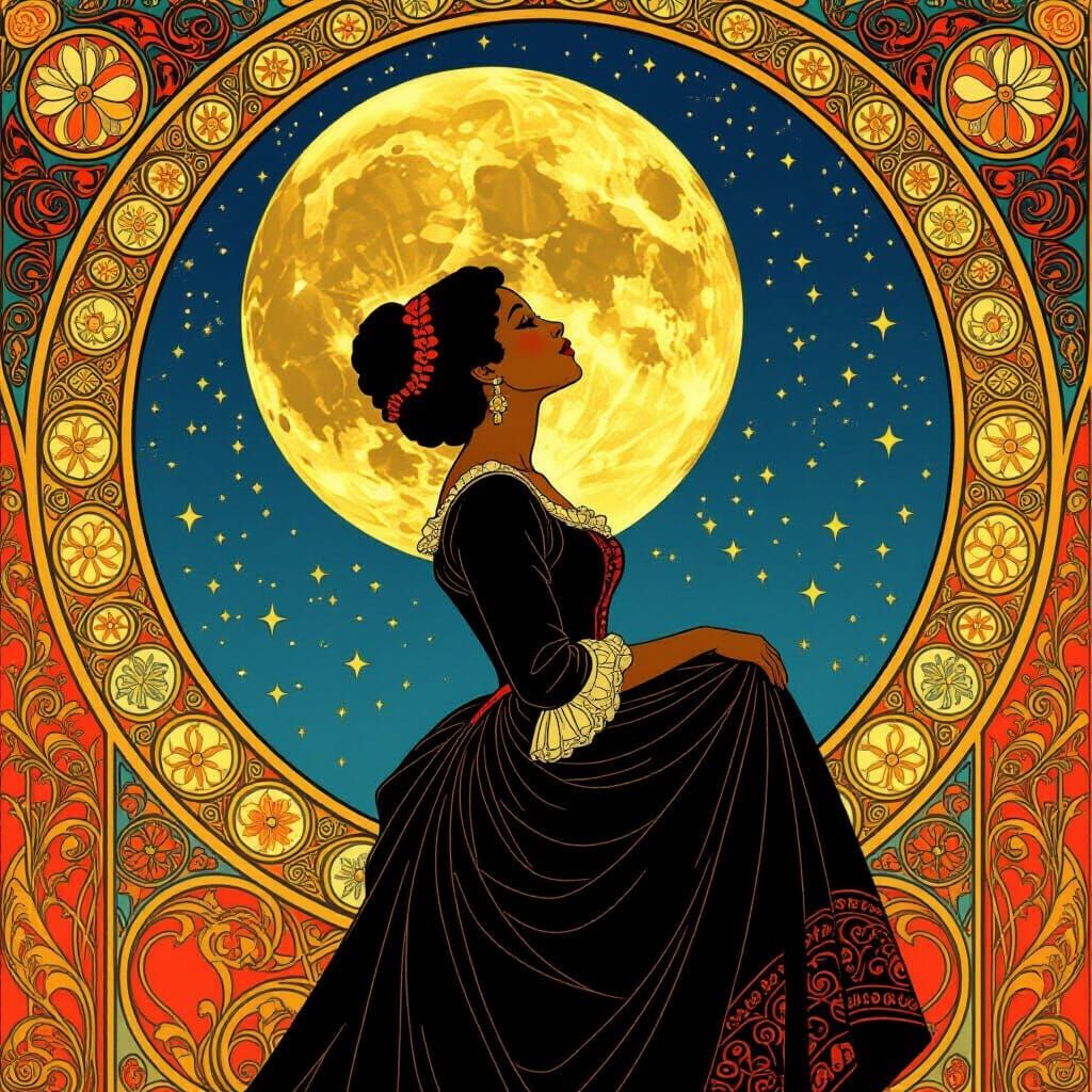 Art Nouveau Woman Gazing at Moonlit Sky