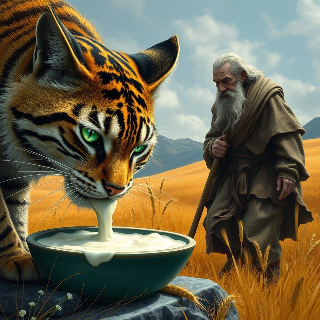 Fantasy Feline and Wanderer in a Golden Wheat Field