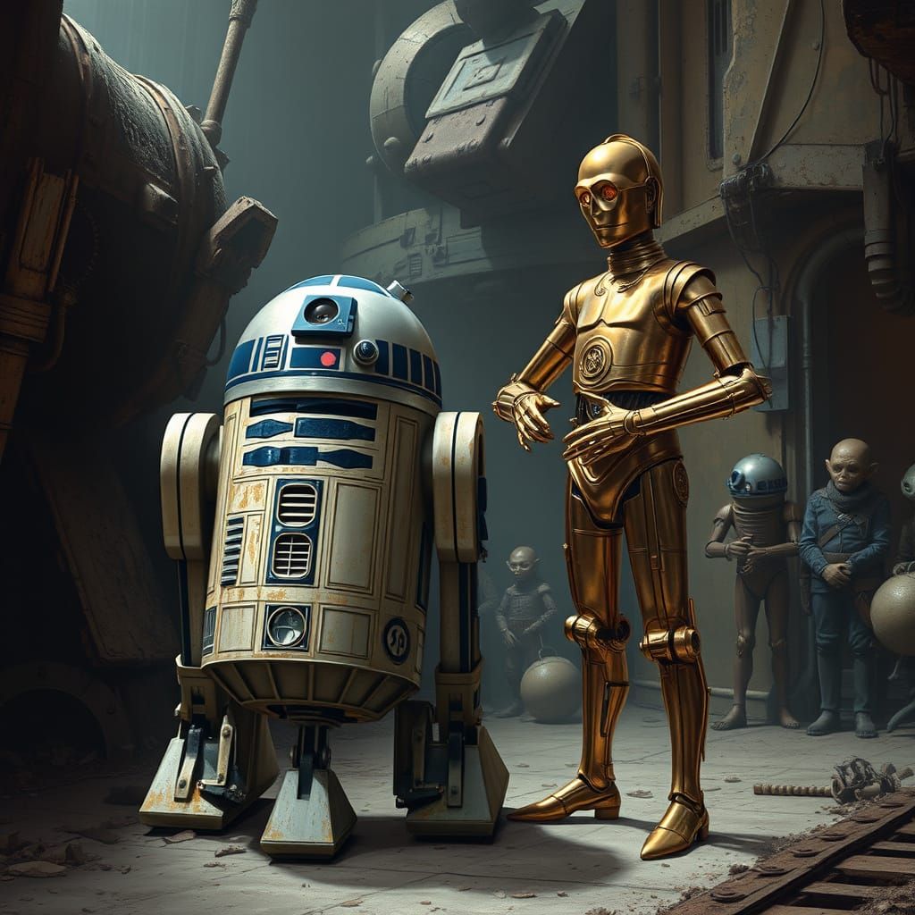 R2D2 and C-3PO in a Gritty Sci-Fi Spaceport