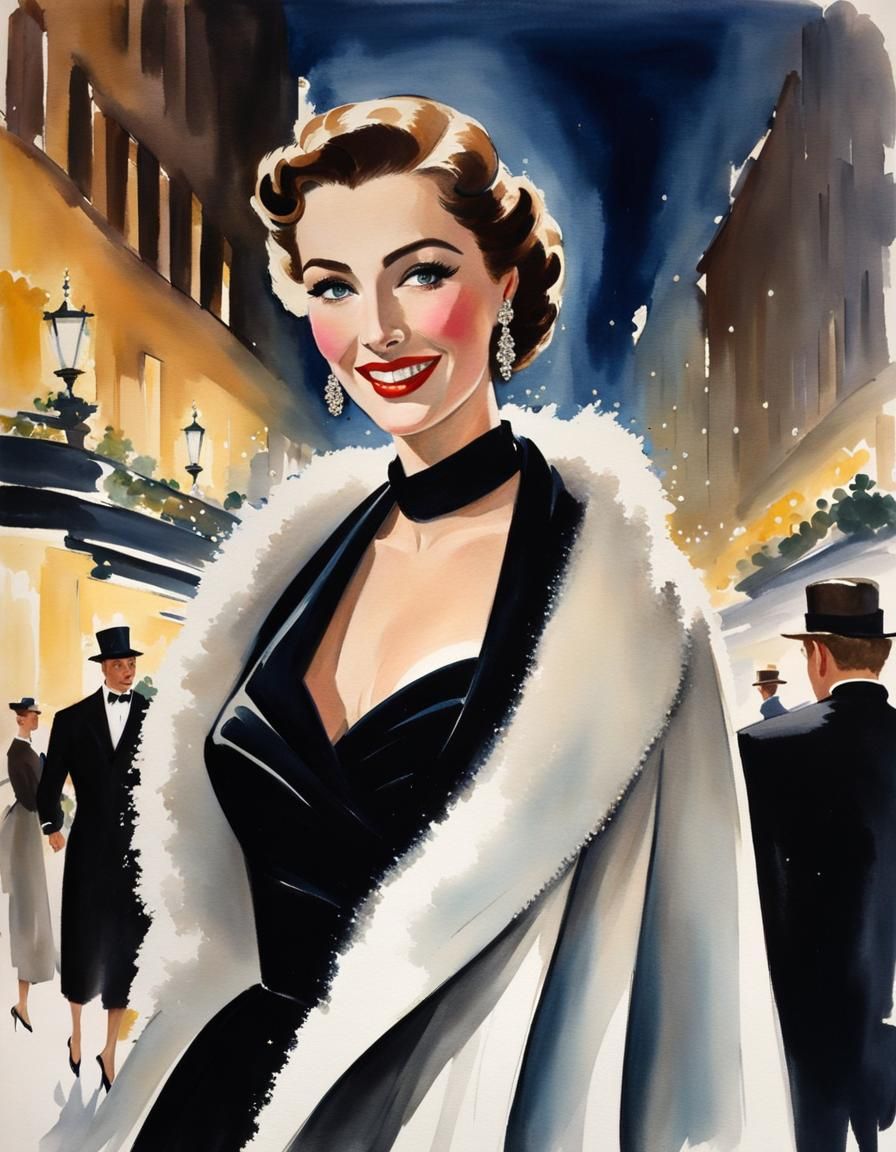 Elegant Woman in 1950s Watercolor Masterpiece