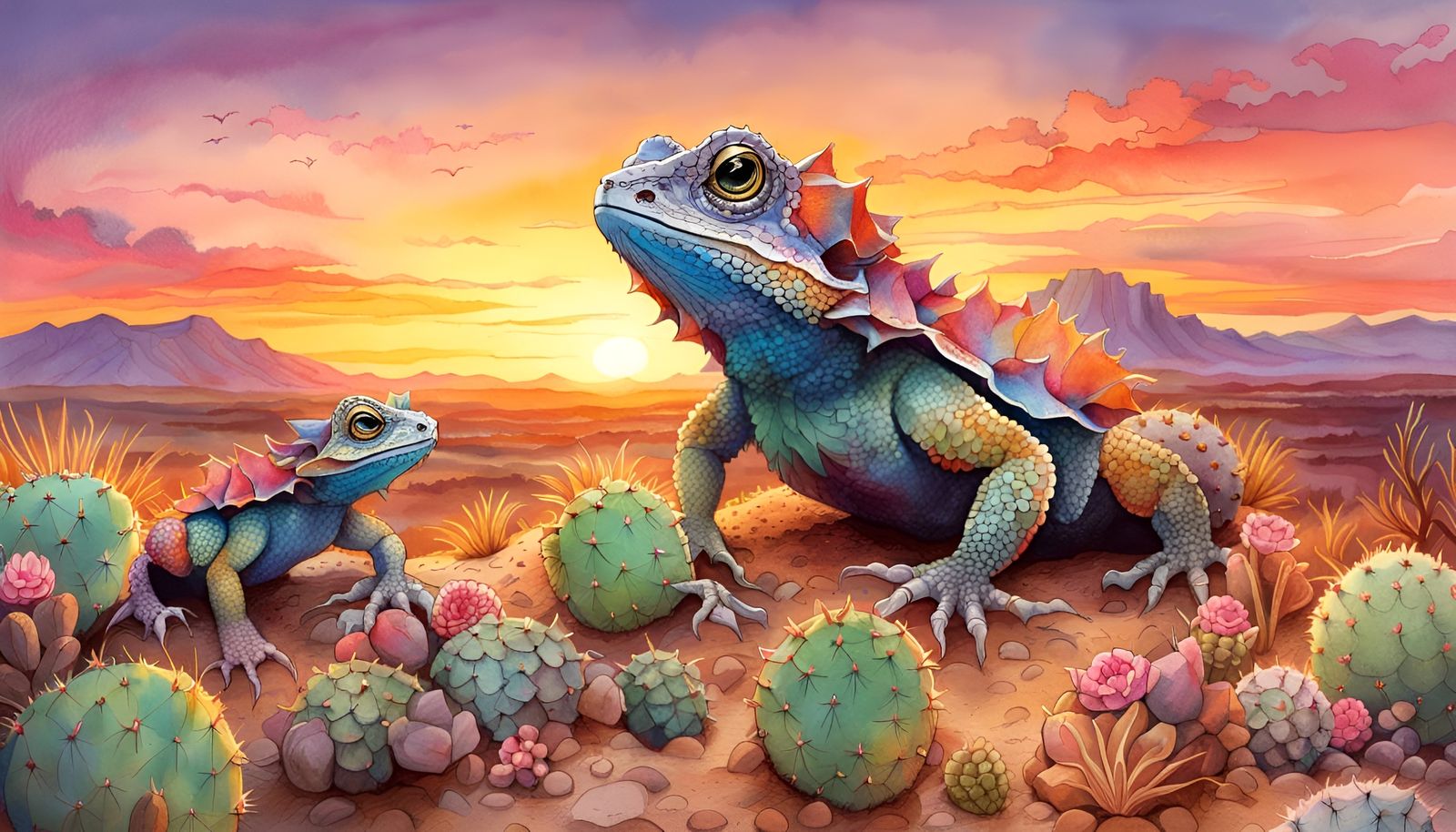 Horned Toad Lizards at Sunset: Watercolor Vista