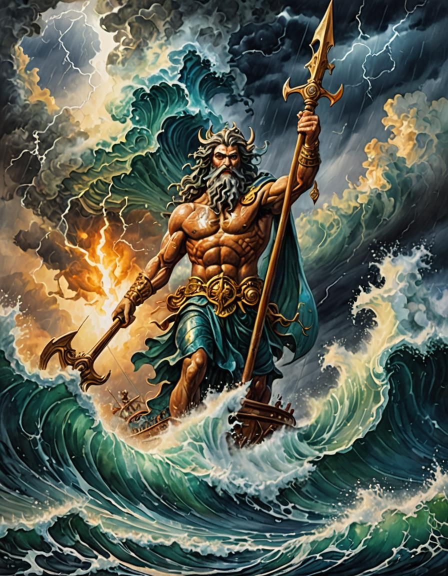 Poseidon Creates a Stormy Sea, Impasto Painting