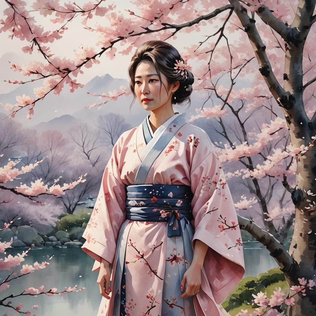 Businesswoman in Kimono with Cherry Blossoms: Watercolor Sty...