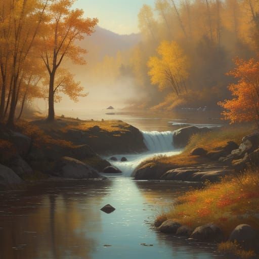 Serene Autumn River Landscape in Golden Hues